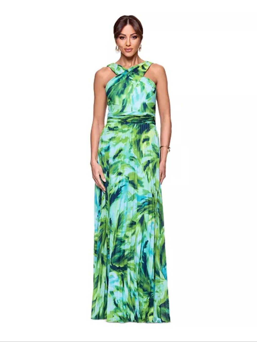 Xscape NWT Green Aqua Abstract Pleated Maxi Dress Size 14 $249 Statement Piece